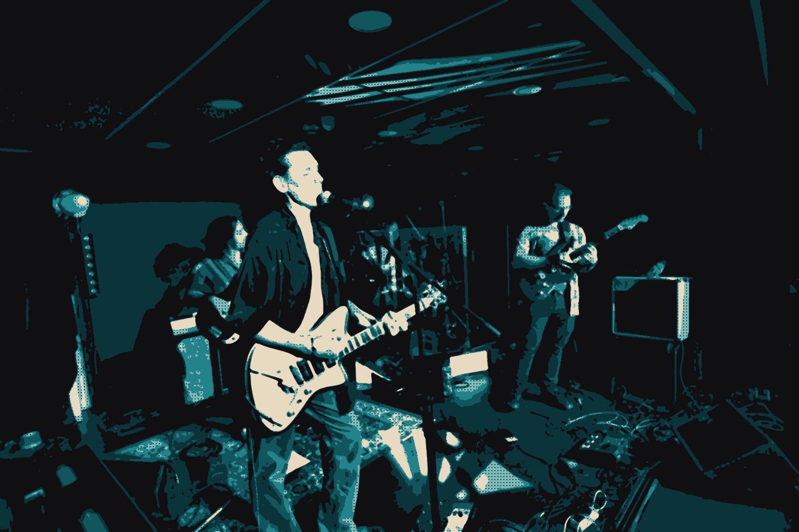 Fumifugi on stage, rendered as a flat posterised cut-out